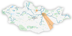 The orange highlights the areas where the pickup truck is found in Mongolia. It primarily covers the AH3.